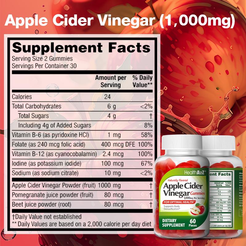 HealthA2Z Apple Cider Vinegar Gummies with B6, B12, Folic Acid, Pomegranate & Beet - 60 Pieces (Pack of 1) - Antioxidants to Support Renewal, Heart & Digestive Health