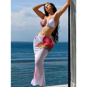 2026 New Plus Size Trendy Swimsuit 3pcs Set Pink Floral Sea Print Halter Triangle Cup Bikini Beach Maxi Dress High Waist Soft Coverage Women's Summer Vacation Swimwear rash guard