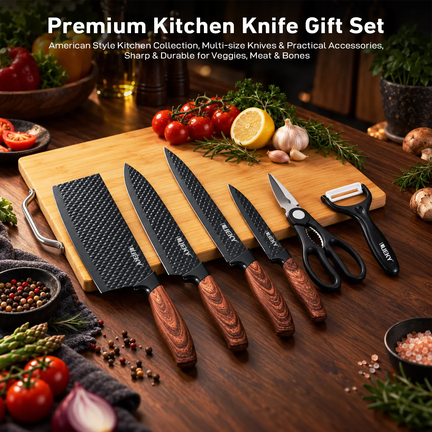 Qawtor 6-Piece Kitchen Knife Set – Hammered Stainless Steel Chef Knives with Nonstick-Coated Blades & Ergonomic Wood-Grain Handles, Rust-Resistant Cutlery Set for Home Cooks, Halloween & Christmas Gift