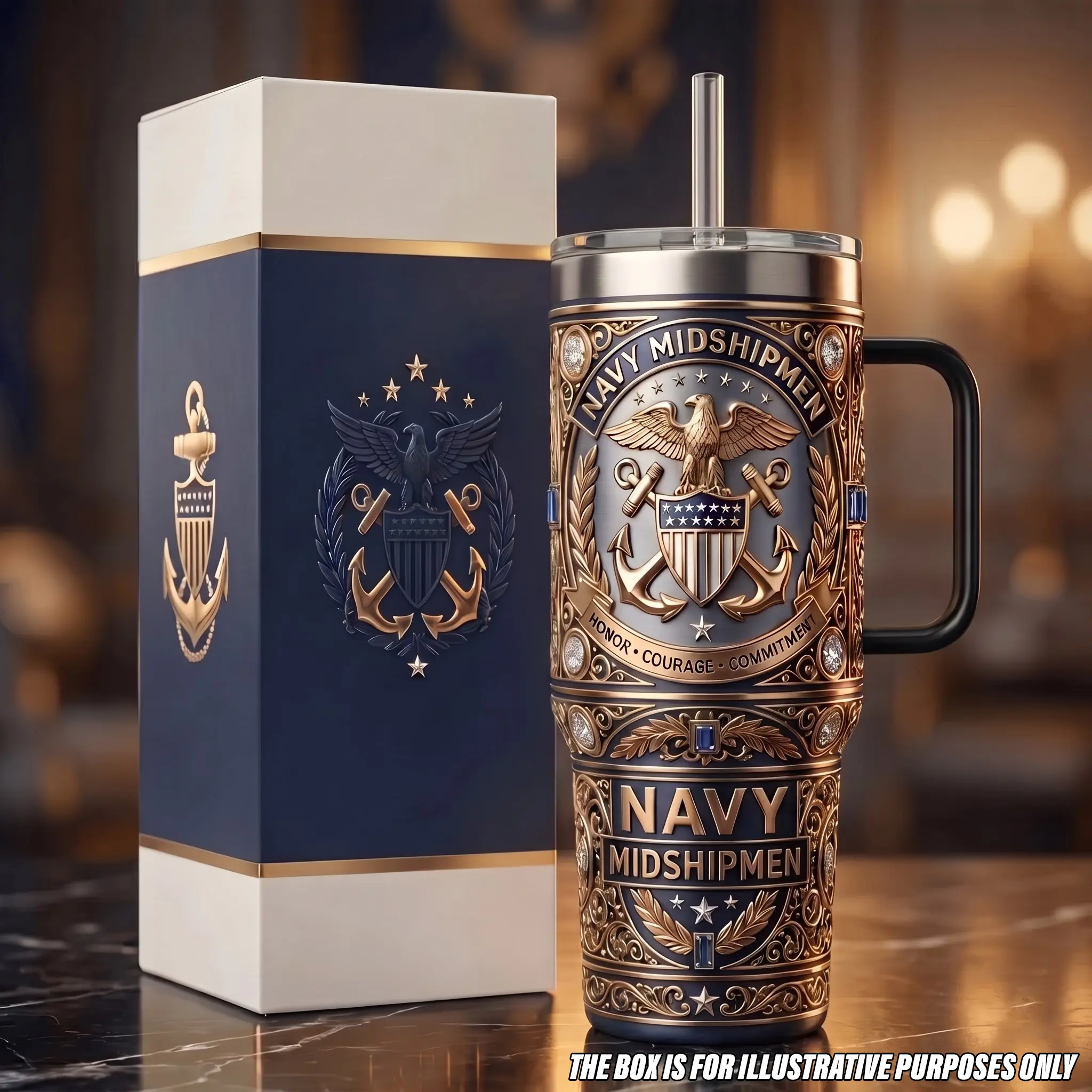 Navy Midshipmen 40oz Tumbler with Handle, Heavy Duty Insulated Stainless Steel US Navy Anchor Eagle Travel Mug Straw, Military Veteran Appreciation Gift, Naval Academy Football Fan Water Bottle, Honor Courage Commitment Steel Cup