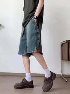 Men's Summer Vintage Washed Blue Corduroy Patchwork Drawstring Jeans Shorts, Casual Loose Fit Five-Pocket Pants, Stylish American Style