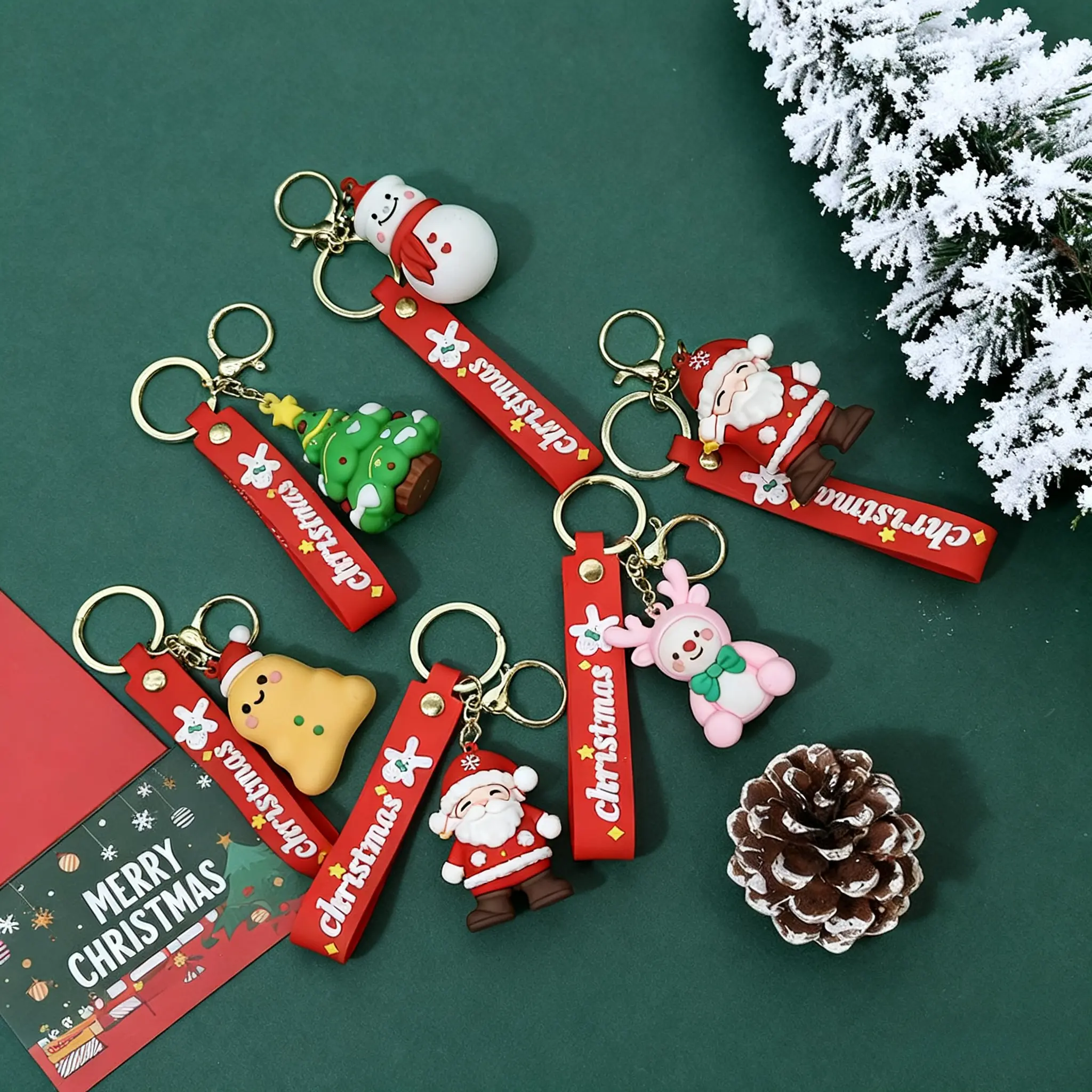 Unisex PVC & Stainless Steel Christmas Santa Figure Keychain - Festive Bag/Car Key Charm with Lobster Clasp, Lanyard, Animal & Christmas Tree Accents for Party Favors & Daily Use