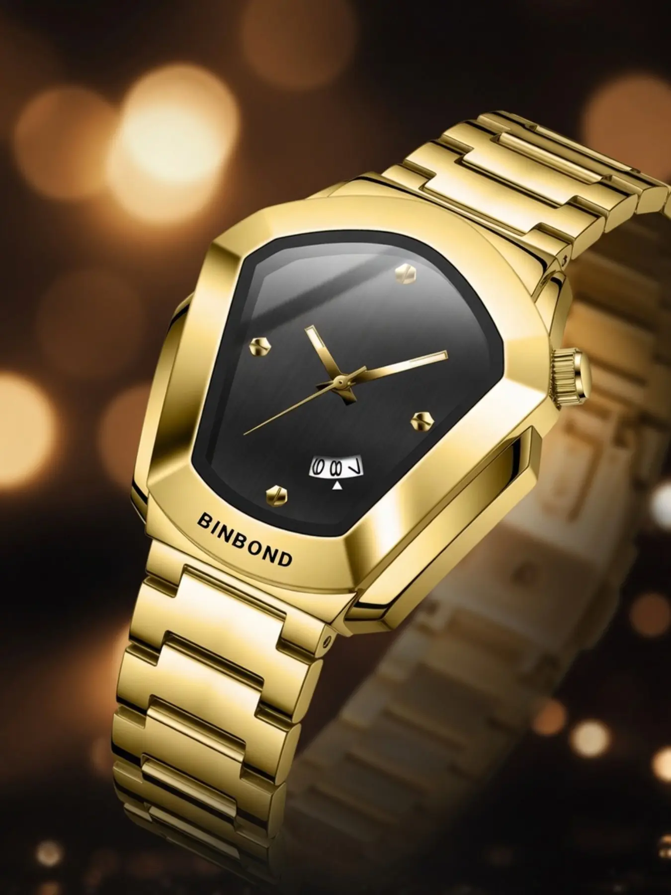 Binbond Luxury Gold Men's Quartz Watch, Round Face, Date Display, Waterproof Stainless Steel Strap, Casual Style, Perfect Gift