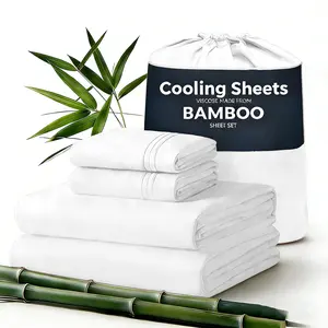 Solid Bamboo Bed Sheets Set Luxury Bedding 16" Deep Pocket Bamboo Fitted Sheet with Embroidered Pillowcases Flat Sheet for Bedroom Dorm Hotel