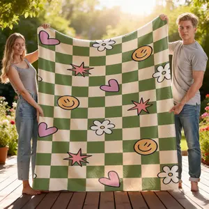 Groovy Checkerboard Throw Blanket with Hearts Stars Smileys for Cozy Home Decor Teens Room Dorm Perfect Holiday Birthday Gift