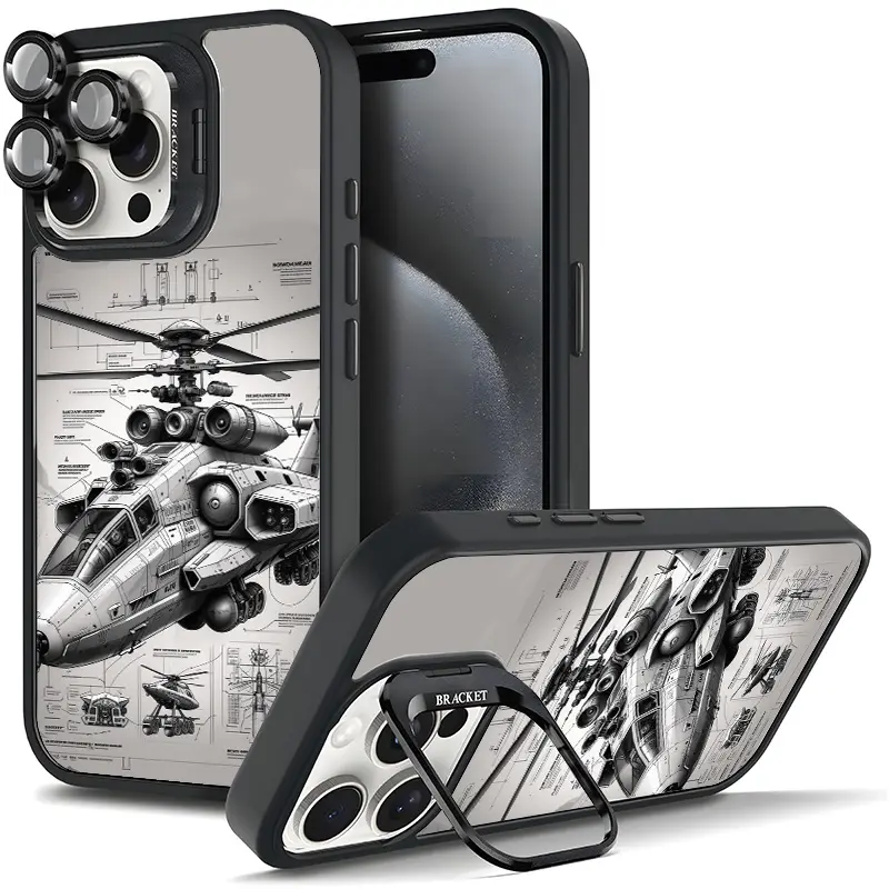 Aviation Combat Helicopter Technical Sketch Phone Case with TPU, Tough Magnetic Durable Metal Lens Frame, Film Bracket Stand, Full Protection for Samsung & iPhone 11-17/AIR 16 PRO PLUS MAX, Cool Fashionable Gift Cover 11X-L1310