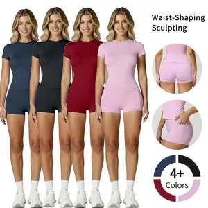 Women's 2-Piece Gym Yoga Set - Athletic Training Apparel, Casual Activewear, 88% Polyester 12% Spandex Breathable High-Waist Slim-Fit Waist-Shaping Sculpting T-Shirts & Above-the-Knee Shorts for Summer Gym, Lounge