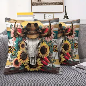 Vibrant Digital Print Throw Pillow featuring Western Cowboy Aesthetic, 45cm Square with Inner Cushion Cozy Cushion with Zipper Closure, Longhorn Skull, Perfect for Living Room & Sofa Decor, Soft & Comfortable Accent for Eclectic Home Styling