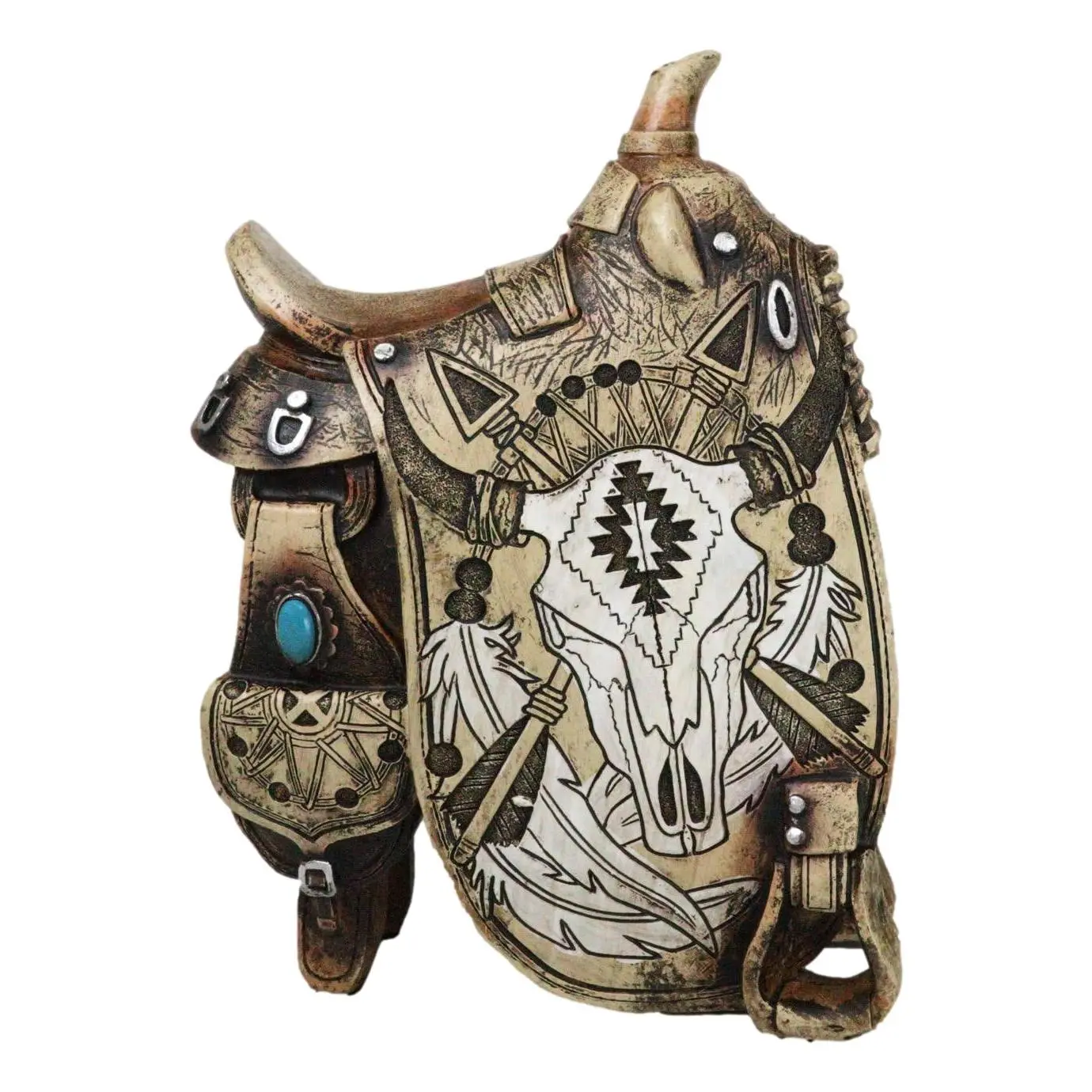Western Decor Resin Cow Skull Figurine - Navajo Tribal Cowboy Country Style Ornament, 6.25" Wide 3.25" Deep 1.75 lbs Horse Saddle Accent Statue for Office, Home