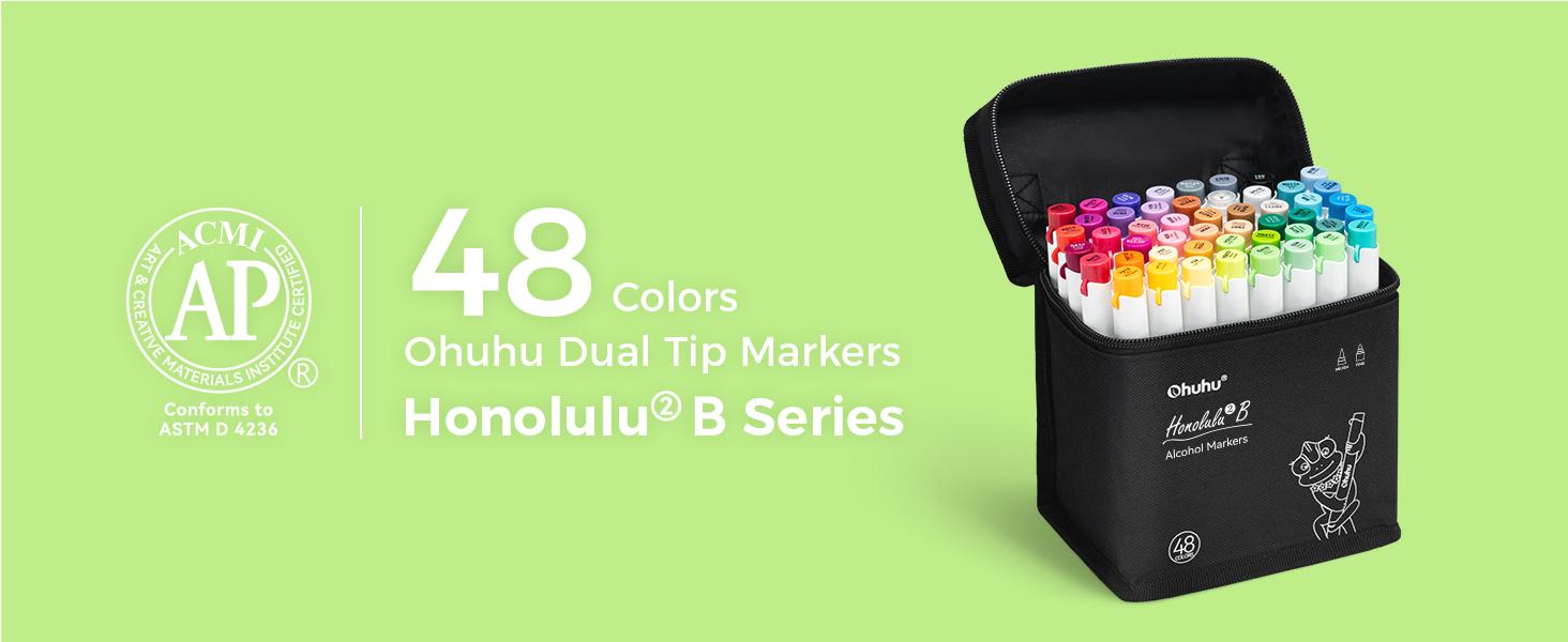 Ohuhu Alcohol Markers: Brush & Chisel / Fine Tips - 48-Color - Alcohol-based Art Sketch Marker Set for Artist Adults Coloring Illustration - Refillable - AP Certificated - New Look - Honolulu 2 & 2B Series of Ohuhu