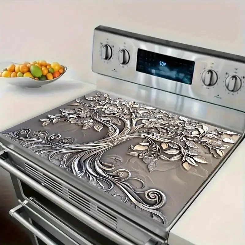 Silver Steel Tree Pattern Stove Cover Protector, Heat Resistant Non-slip Scratch Free Stove Cover, Easy To Clean Stove Top Cover for Kitchen