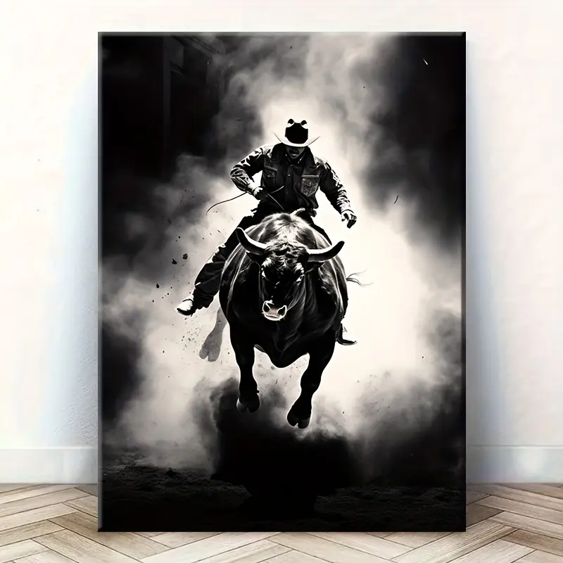 Hangable Solid Wood Frame Canvas Wall Print - Cowboy Riding Armored Bull 2D Art, Home Supplies for Living Room & Bedroom Decoration, Ideal Gift