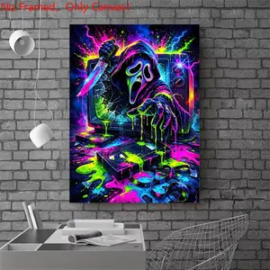 1 piece/set frameless canvas painting print poster, Modern wall art, Classic Movie scenes Poster, Scream Ghostface TV VHS Neon, a perfect gift for movie lovers, ideal for bedroom, living room, kitchen, wall & room decor
