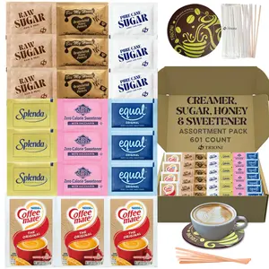 TRIONI Coffee Creamer Powder Kit with Sugar & Sweetener Assortment Pack, Stirrers & Coasters