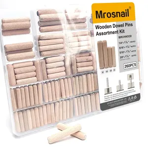 260 Pcs Wooden Dowel Pins in 4 Sizes, 1/4, 5/16, 3/8 inch Fluted Wood Dowels Hardwood Pegs for Table Legs, Wooden Frames, Bookshelves