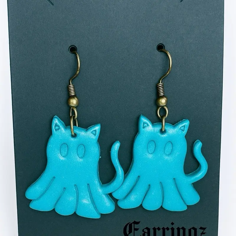 Ghoul Kittens- Phantom Dangles Teal Blue Cat Shaped Earrings with Bronze Tone Hooks