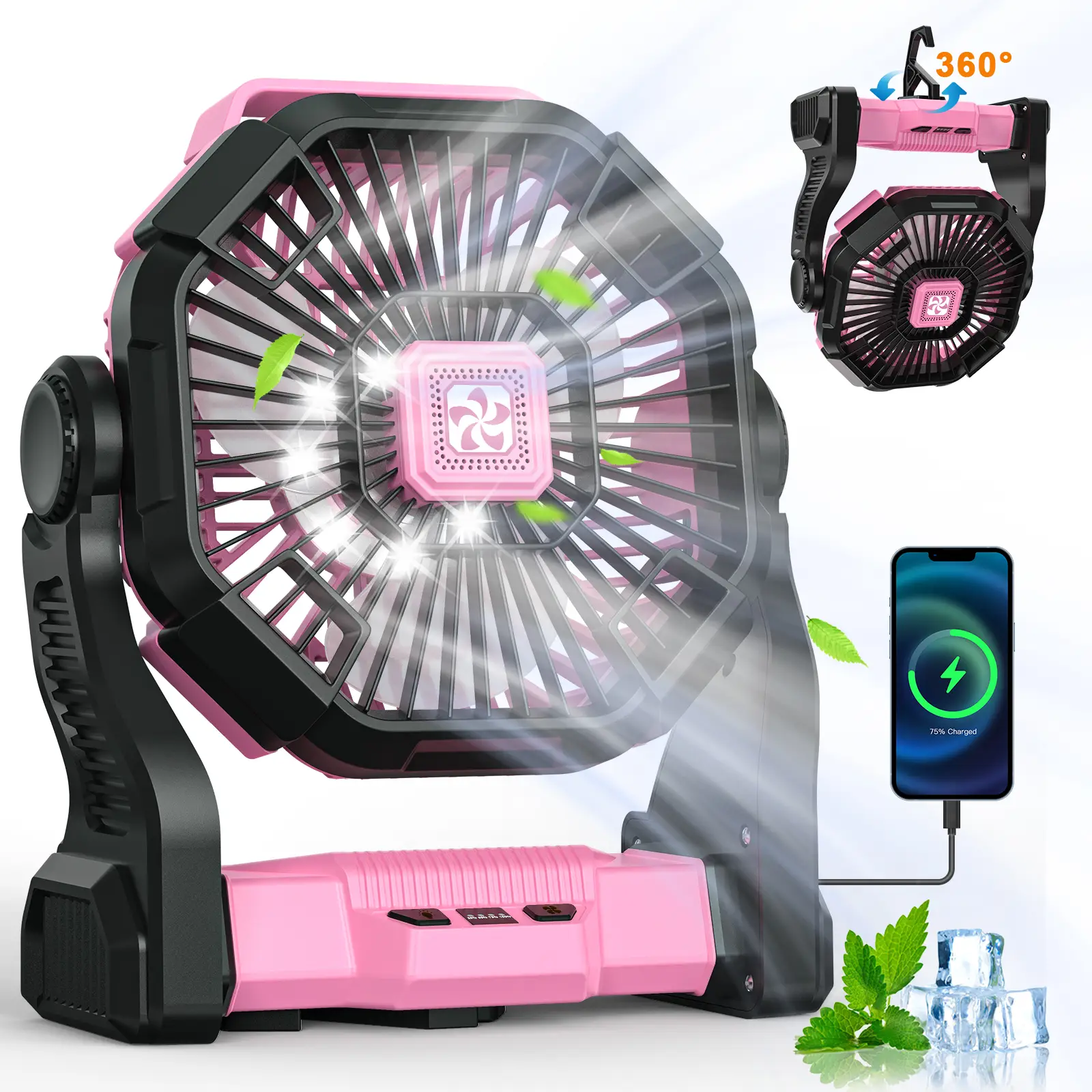 DOVILUXE 25400mAh 3-in-1 Portable Camping Fan with LED Light & Power Bank - 4-Speed Adjustable, 360° Rotating, 270° Swivel Head, Perfect for Camping,