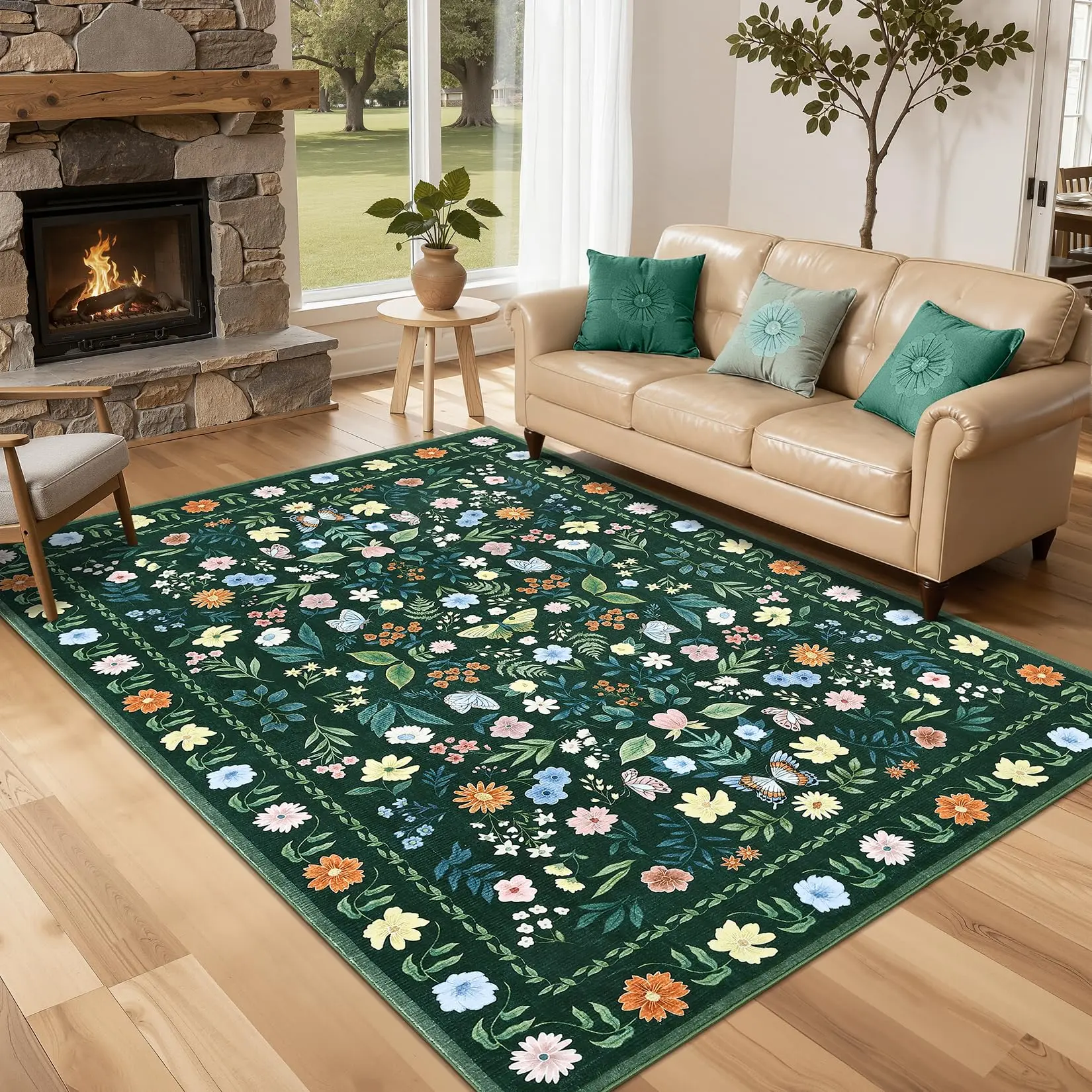 8x10 Area Rugs for Living Room Floral Butterfly Rug Washable Rug Modern Rugs for Bedroom Stain Resistant Throw Carpet Low Pile Folding Floor Cover for Nursery Playroom Apartment,Green