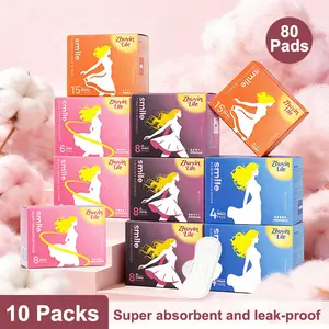 Zhuyinlife Organic Cotton Menstrual Pads 80ct | 10 Packs (3 Day+3 Night+2 Liners+2 Extra Long Night), 7/9.6/11.4/14 Inch, 8HR Odor Control, Leakproof, Super Absorbent Unscented, All Flow Day & Night