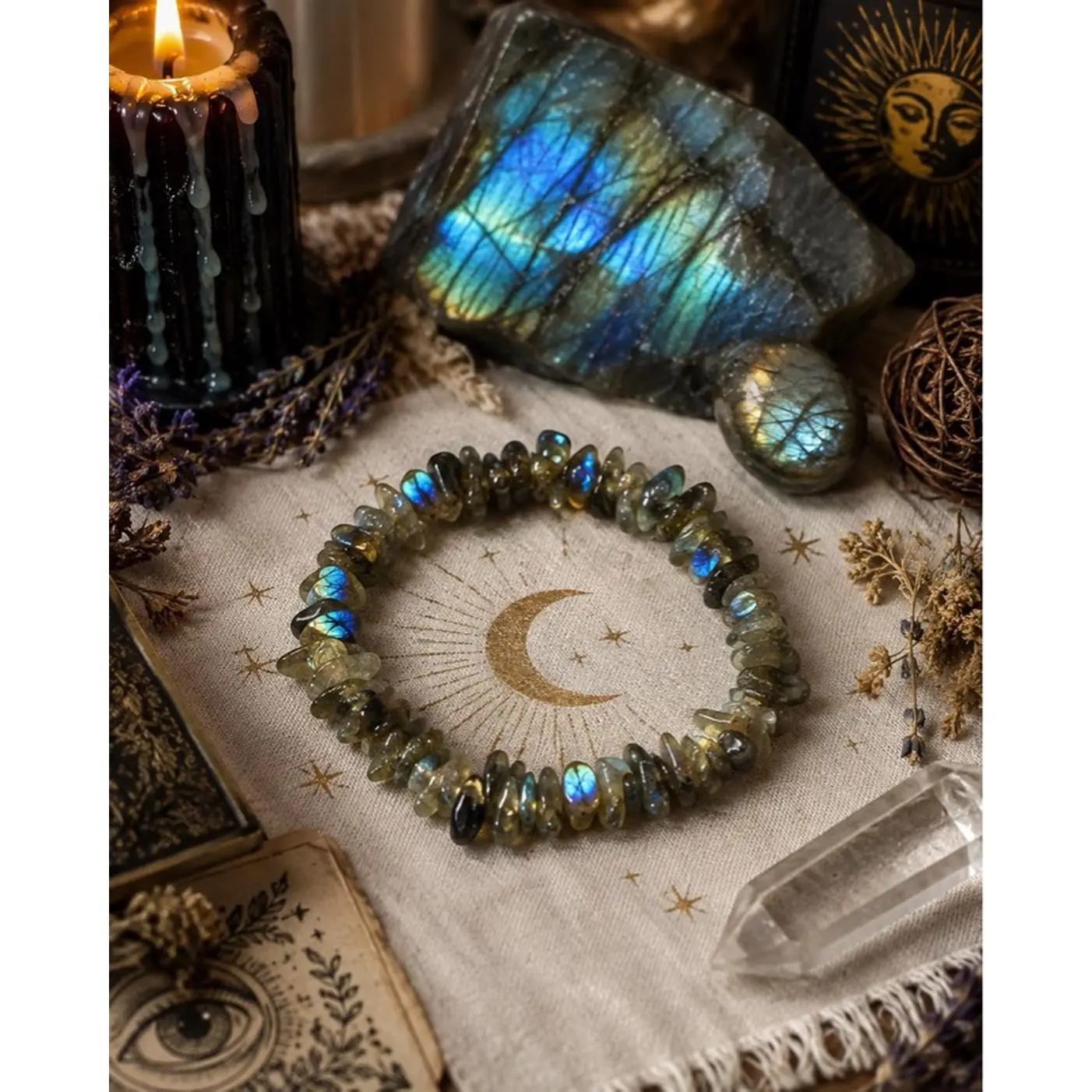 Genuine Labradorite Crystal Bracelet - Gray with Natural Blue Green & Golden Flashes - Bohemian Mystical Witchy Handmade Stretch Elastic Wrist Jewelry