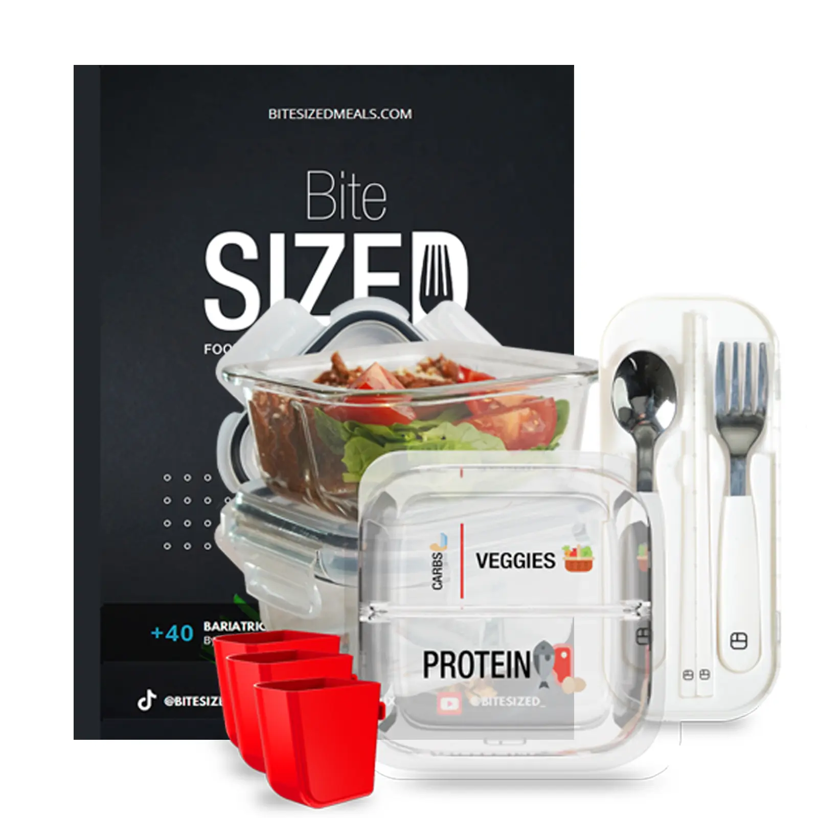 BariBowl Meal Prep Set (3-Pack) + BiteSized Bariatric Cookbook with bite-sized utensils, Branded Lunch Box and silicone condiment cups for portion control and meal prep. Containers Lunch Boxes Glass Dish Tableware
