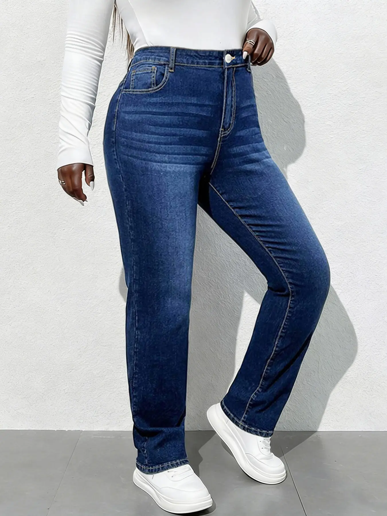 Plus Size Blue Comfortable Straight Leg High Rise Denim Jeans, Womenswear Casual Fashion Versatile, Elastic Fabric Sexy Wear, High Waist Long Pants Fit