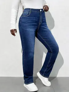 Plus Size Blue Comfortable Straight Leg Denim Jeans, Womenswear Casual Fashion Versatile, Elastic Fabric Sexy Wear, High Waist Long Pants Fit
