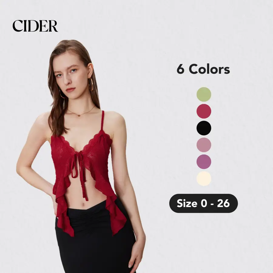 Cider [6 colors, size 0-24] French Riviera Vacation Lace Ruffle Hem Knotted Knit Crop Top, Basic Comfort Womenswear, Summer Cute Sexy Top
