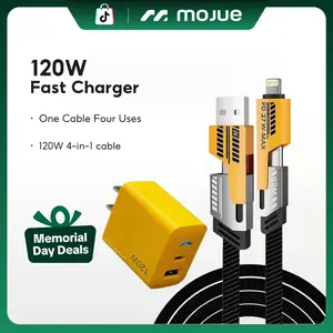 Portable Fast Charger, Type C/USB A Dual Ports Adapter,4 in 1 Fast Charging Cable & Data Sync, 5FT Flat Braided Charger Cord for iPhone 17/16/15/14/13/12Pro Max/iPad/Airpods/Samsung Series Phone Accessories