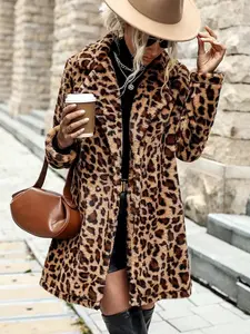 Leopard Print Open Front Fuzzy Coat Fall Winter Cloth For Women