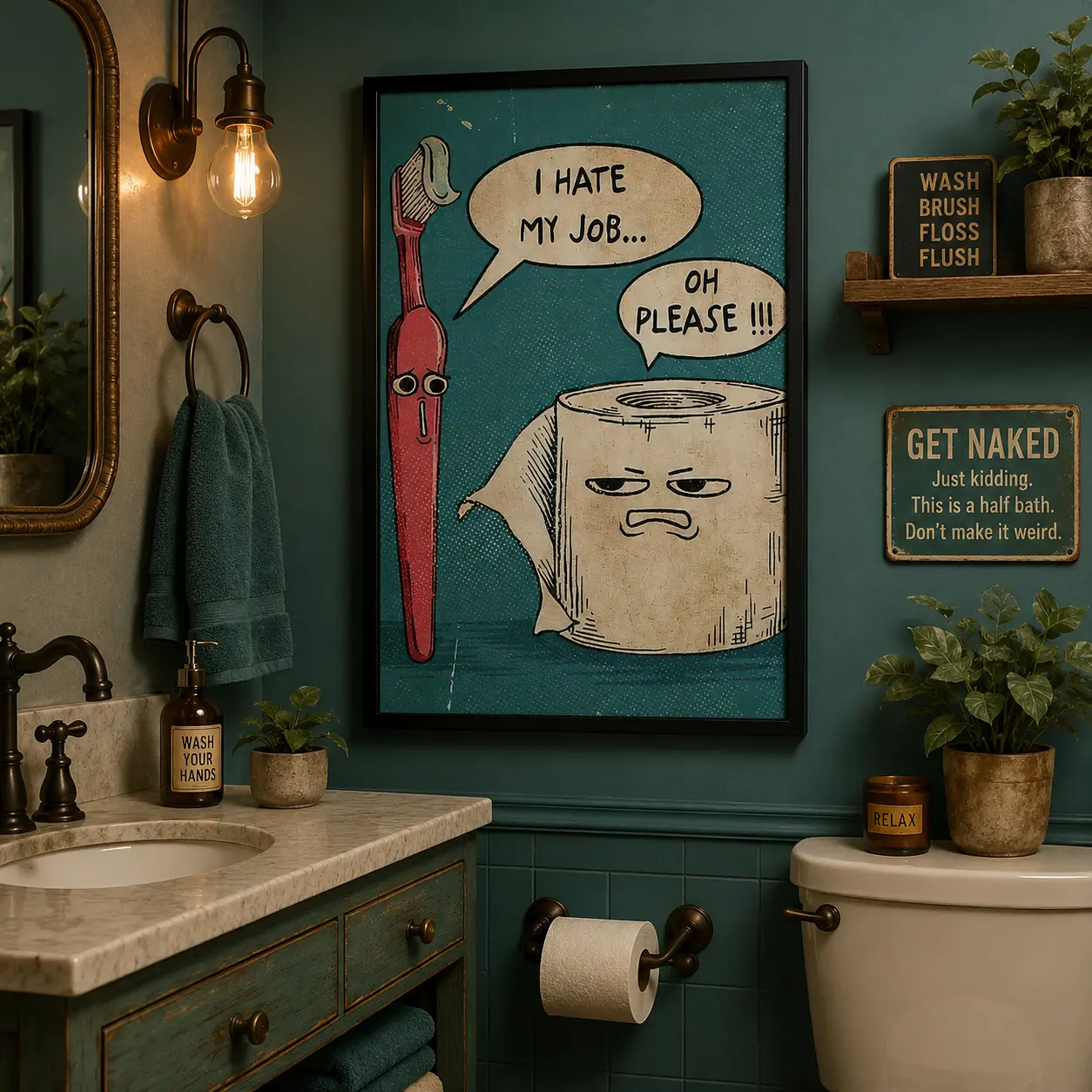 Funny Toothbrush Toilet Paper Framed Canvas Vintage Comic I Hate My Job Bathroom Wall Art Sarcastic Restroom Decor Poster