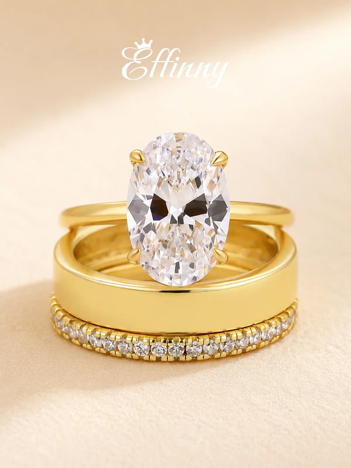 Effinny 14K Gold Plated Non-tarnish 3.5ct Oval Cut Solitaire  3-Piece Women’s Wedding Ring Set with Wide Band, Waterproof CZ Luxury Fashion Bridal & Anniversary Jewelry for Party, Travel-friendly