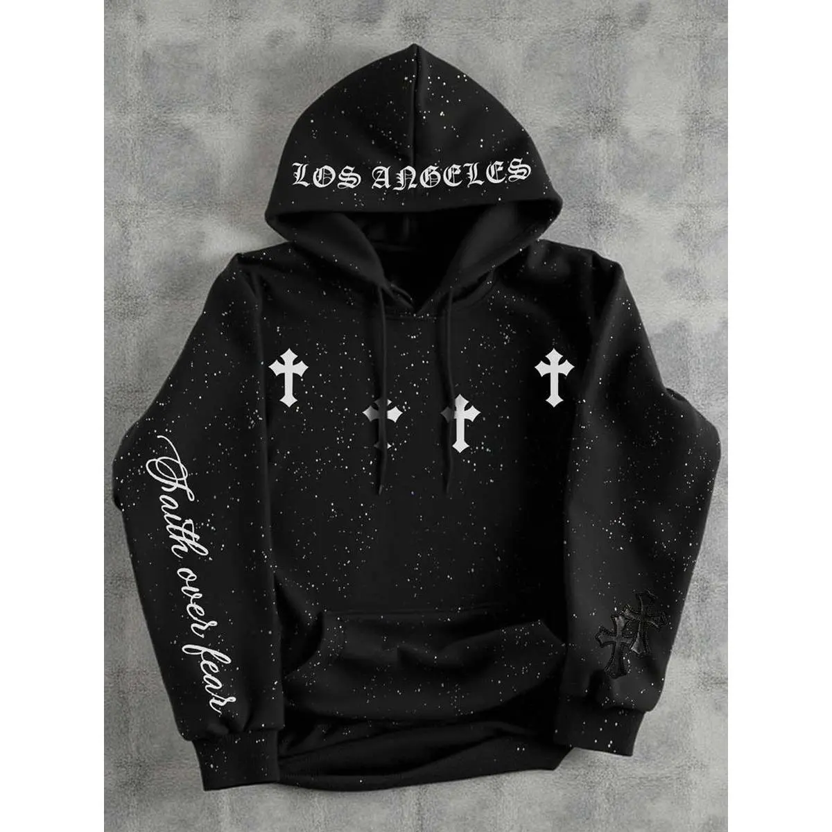Men's Shiny Hoodie with Large Pocket and Cross Print, Casual Fitted Long Sleeve Sweatshirt for Fall & Winter