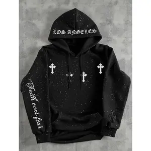 Men's Shiny Hoodie with Large Pocket and Cross Print, Casual Fitted Long Sleeve Sweatshirt for Fall & Winter