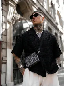 Men's Solid Textured Button Front Shirt, Regular Fit Casual Lapel Neck Half Sleeve Top for Summer, Fashion Men's Clothes for Daily Wear