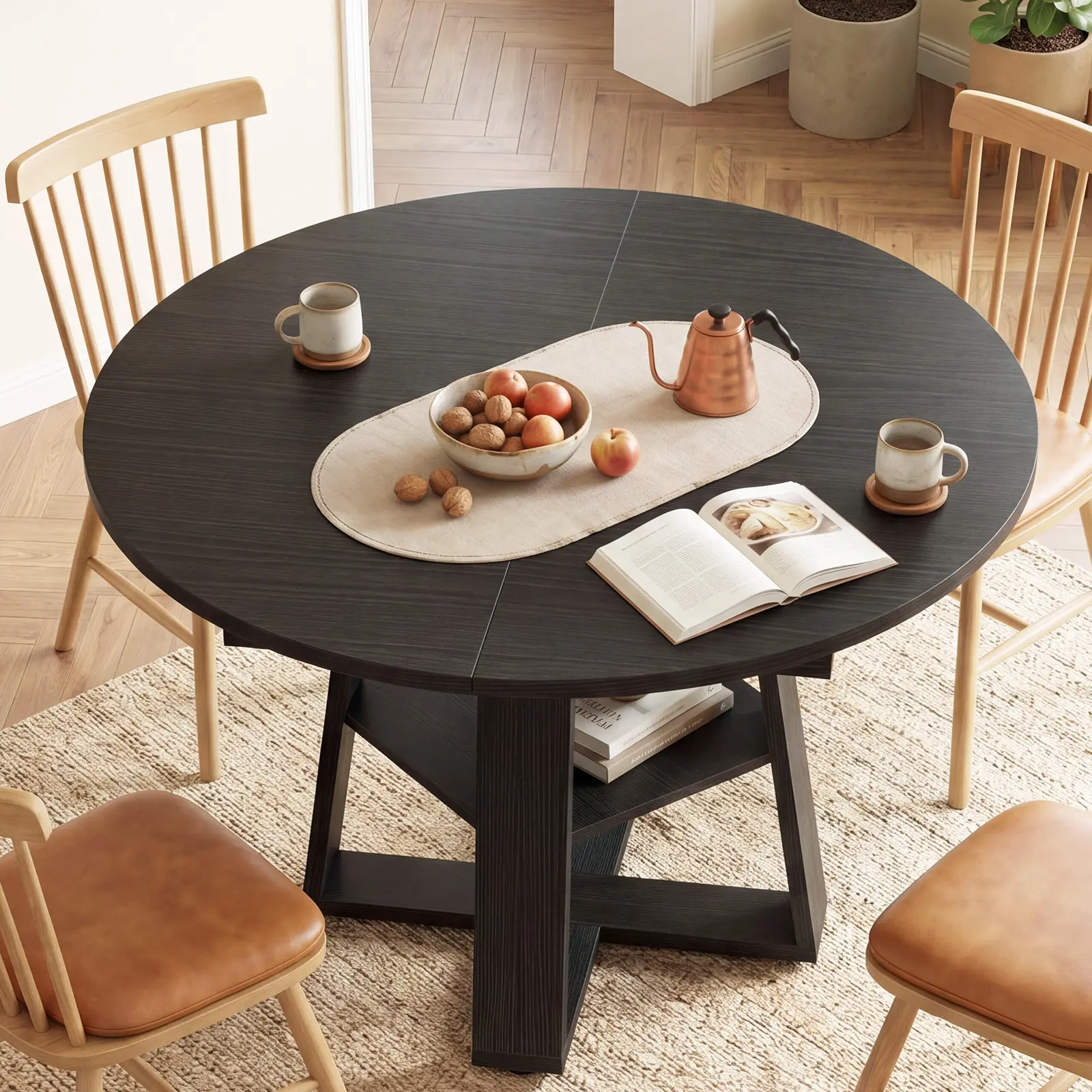 Extendable Round Dining Table for 4-6, Modern Kitchen Oval Dinner Table with Storage Shelf, Wood Pedestal Table, Space Saving Modern Style