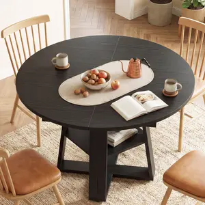 Extendable Round Dining Table for 4-8, Modern Kitchen Oval Dinner Table with Storage Shelf, Wood Pedestal Table, Space Saving Modern Style