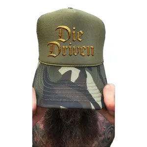 TheDriveClothing Die Driven Foam Curved Bill Green Camo Hat – Snapback, Gold Print, High Crown, 5 Panel Mesh Back Cap, Streetwear Headgear