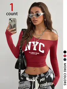 Y2K Campus Chic Shoulder-Exposed Short Top, Nyc Letter Print, Slim-Fitting Waist, Long Sleeve, Casual Streetwear, Multiple Colors