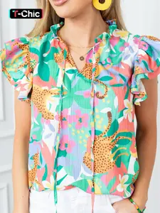 Fashion Ruffle Tie Neck Split Summer Floral Top, Women's Casual Sleeveless Blouse, Stylish Summer Wear, Comfortable and Trendy Shirts, Bohemian, Boho