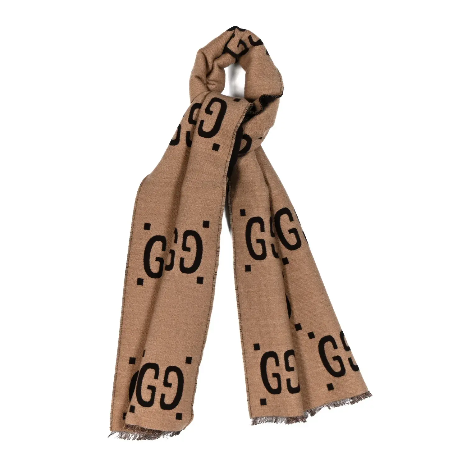 Pre-owned GUCCI Wool & Silk Blend Bag Accessories Wool Silk Monogram Jumbo GG Freedom Scarf Dark Brown Beige