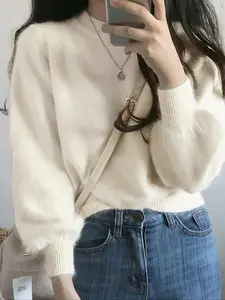 Women's Soft Cream Color Mock Neck Long Sleeve Sweater, Stylish Casual Pullover for Fall & Winter, Cozy Knitwear for Comfort