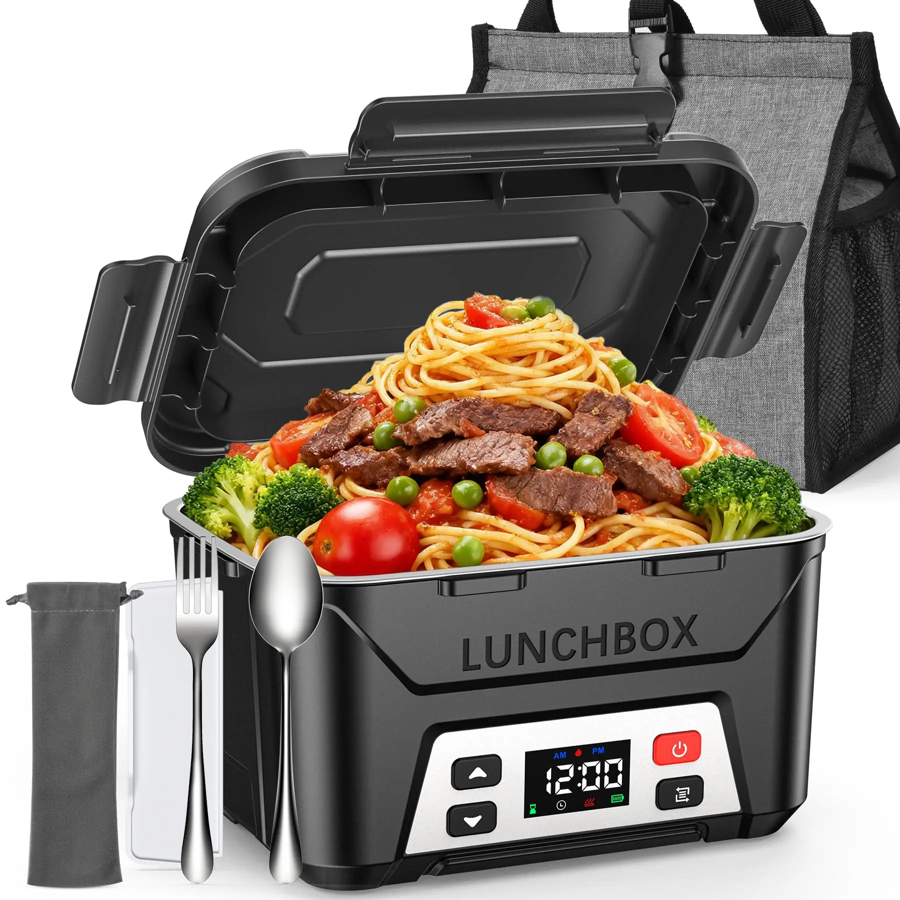 Docusvect Cordless Electric Lunch Box with Memory Function & Auto Keep Warm, 5.5 Cups Battery Powered Heated Lunch Box for Adults, Portable Rechargeable Food Heater Container for Office, Work & Travel, Classic Black