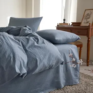 Cotton Duvet Cover Set, Queen Size, Chambray Denim Blue, 100% Washed Cotton, Linen Like Textured, Breathable Percale Durable Comfy Farmhouse Neutral Bedding Set, 3 Pieces