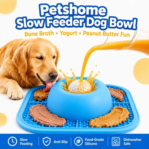 PETSHOME Anti-Slip FDA-Compliant Silicone Slow Feeder Dog Bowl & Puppy Lick Mat - Detachable Interactive Rolling Ball for Easy Cleaning, 0.75 Cup Daily Feeding Bowl/Dish for Medium Breeds (Blue, Natural Rubber)