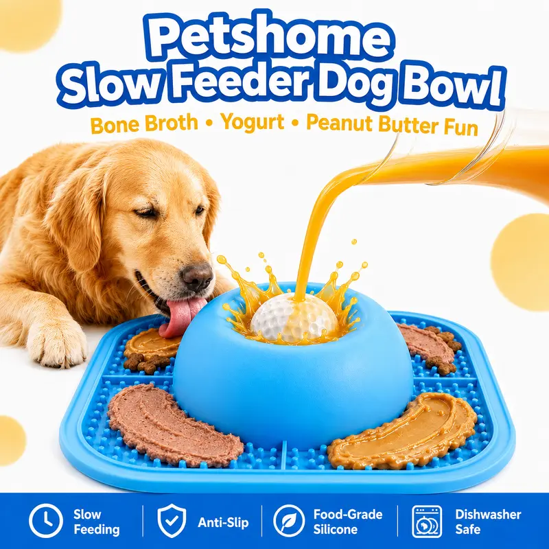 PETSHOME Anti-Slip FDA-Compliant Silicone Slow Feeder Dog Bowl & Puppy Lick Mat - Detachable Interactive Rolling Ball for Easy Cleaning, 0.75 Cup Daily Feeding Bowl/Dish for Medium Breeds (Blue, Natural Rubber)
