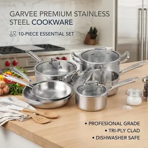 Garvee Superior Tri-Ply Stainless Steel Cookware Set – Non-Toxic PFOA-Free Induction & Oven Safe – Fast Even Heat – Includes Frying Pans Saucepans Pan Stock Pot with Lids – 10-Piece Set