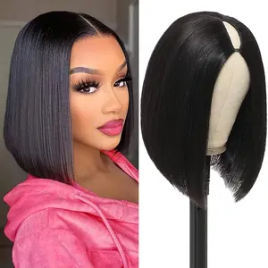 V Part Bob Human Hair Wig 12Inch Upgrade U Part Human Hair Wigs with Drawstring Vpart Clip in No Leave Out Half Wig Glueless wigs Human Hair for Black Women Beginner Friendly