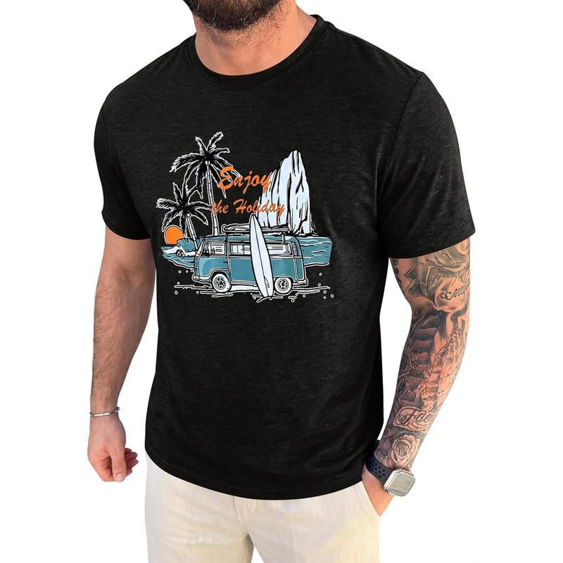 Runcati Mens Short Sleeve T-Shirts Graphic Crew Neck Casual Shirt Summer Beach Palm Tree Printed Vintage Hawaiian Tees