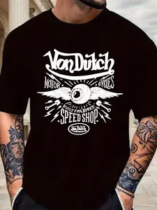 Von Dutch Motorcycle Print T-Shirt, Retro Streetwear Top, Soft Casual Long Sleeve Tee, All-Season Comfortable Wear